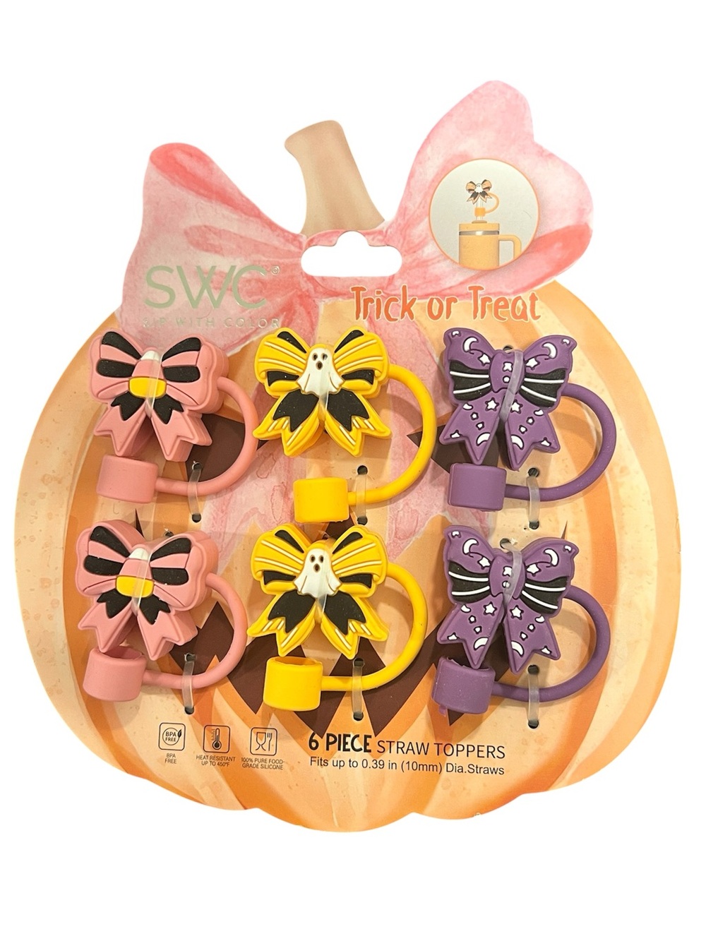 Trick or Treat Halloween Straw Toppers - Pink, Yellow, Purple (6-Pack)